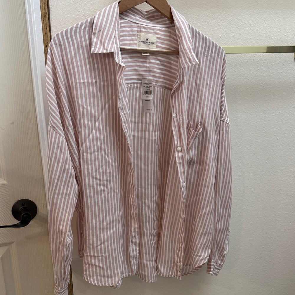 American Eagle Outfitters Pink and White Striped Button-Down Shirt